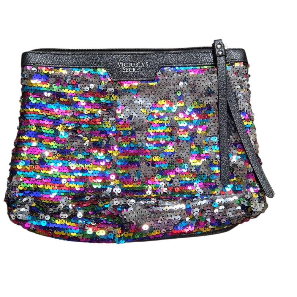 Victoria's Secret Clutch Wristlet Black Colorful Sequin Make-up Jewelry Bag